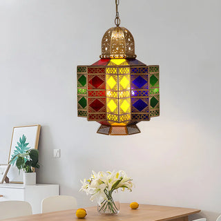 ZOWALA - Moroccan Brass Stained Glass Lantern Chandelier Image - 2