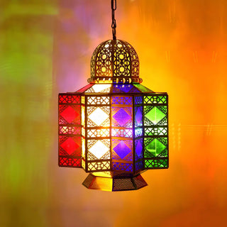 ZOWALA - Moroccan Brass Stained Glass Lantern Chandelier Image - 3