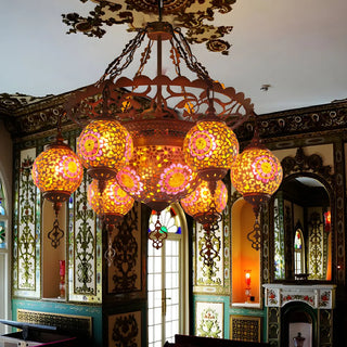 Moroccan Restaurant Brass Stained Glass Globe Chandelier Image - 1