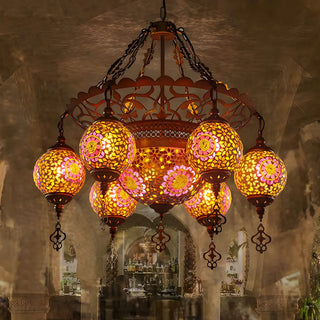Moroccan Restaurant Brass Stained Glass Globe Chandelier Image - 2