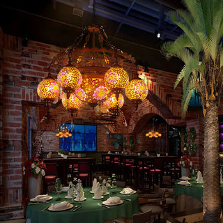 Moroccan Restaurant Brass Stained Glass Globe Chandelier Image - 3
