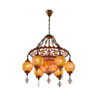 Moroccan Restaurant Brass Stained Glass Globe Chandelier Image - 4
