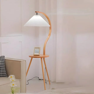 Natural Cone Wooden Floor Lamp with Side Table Zawala Image - 2