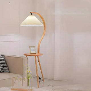 Natural Cone Wooden Floor Lamp with Side Table Zawala Image - 3