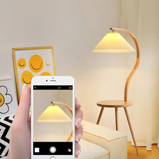 Natural Cone Wooden Floor Lamp with Side Table Zawala Image - 7