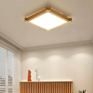 Living Room Wood Rectangle Grid LED Flush Mount Light Zawala Image - 1