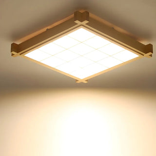 Living Room Wood Rectangle Grid LED Flush Mount Light Zawala Image - 11