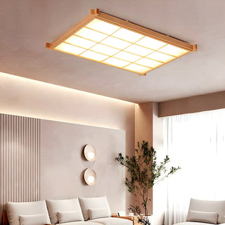 Living Room Wood Rectangle Grid LED Flush Mount Light Zawala Image - 2