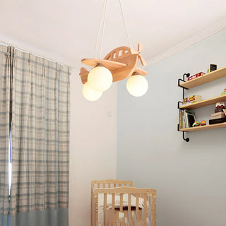 ZOWALA - Airplane Cloud Glass Bedroom Wood 3-Light Chandelier Image - 11
