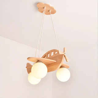 ZOWALA - Airplane Cloud Glass Bedroom Wood 3-Light Chandelier Image - 5