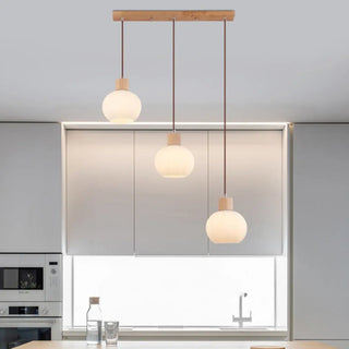 ZOWALA - Minimalist Wood White Globe Glass Dining Room Pendant Light Image - 11