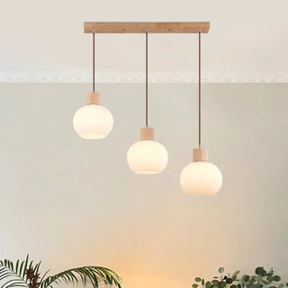 ZOWALA - Minimalist Wood White Globe Glass Dining Room Pendant Light Image - 3