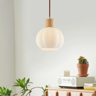 ZOWALA - Minimalist Wood White Globe Glass Dining Room Pendant Light Image - 6