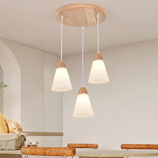 ZOWALA - Nordic Cone Wood Dining Room White 3-Light Pendant Light Image - 1