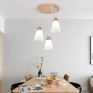 ZOWALA - Nordic Cone Wood Dining Room White 3-Light Pendant Light Image - 6