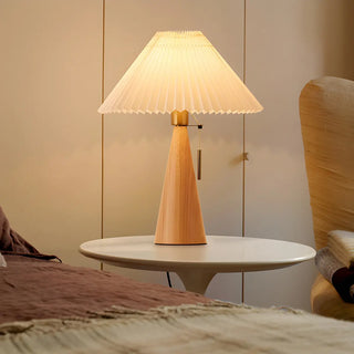 Stylish Pleated Shade Conical Wooden Base Table Lamp Zawala Image - 1