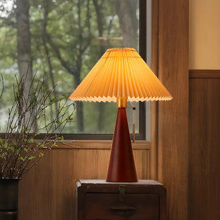 Stylish Pleated Shade Conical Wooden Base Table Lamp Zawala Image - 2