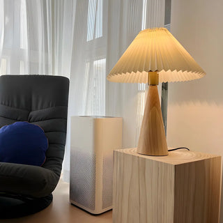 Stylish Pleated Shade Conical Wooden Base Table Lamp Zawala Image - 4