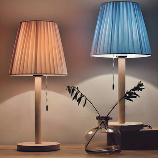 Elegant Macaron Barrel Fabric Wood Base Table Lamp Zawala Image - 1