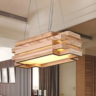 ZOWALA - Nordic Wood Rectangle Tiered Pendant Chandelier Dining Room Image - 1
