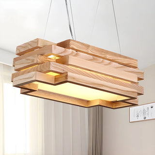 ZOWALA - Nordic Wood Rectangle Tiered Pendant Chandelier Dining Room Image - 2