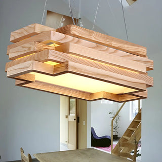 ZOWALA - Nordic Wood Rectangle Tiered Pendant Chandelier Dining Room Image - 3