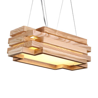 ZOWALA - Nordic Wood Rectangle Tiered Pendant Chandelier Dining Room Image - 4
