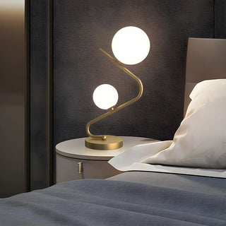 Simple Dual Opal Glass Globes Brass Curved Table Lamp Zawala Image - 1