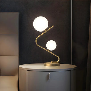 Simple Dual Opal Glass Globes Brass Curved Table Lamp Zawala Image - 3