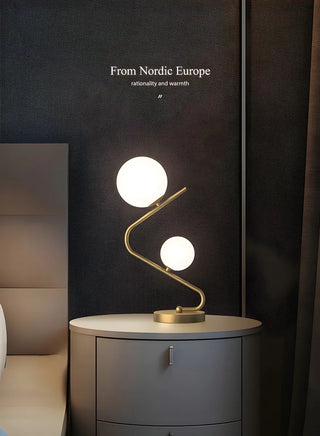 Simple Dual Opal Glass Globes Brass Curved Table Lamp Zawala Image - 4