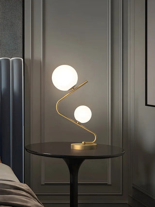 Simple Dual Opal Glass Globes Brass Curved Table Lamp Zawala Image - 6