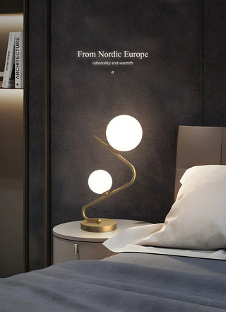 Simple Dual Opal Glass Globes Brass Curved Table Lamp Zawala Image - 7