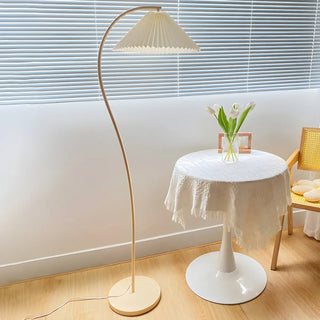 White Minimalist Curved Floor Lamp with Pleated Shade Zawala Image - 1