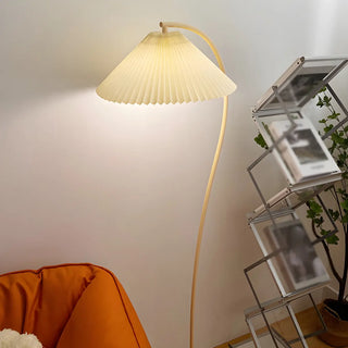 White Minimalist Curved Floor Lamp with Pleated Shade Zawala Image - 2