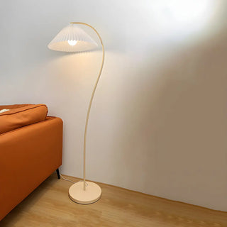 White Minimalist Curved Floor Lamp with Pleated Shade Zawala Image - 4