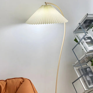 White Minimalist Curved Floor Lamp with Pleated Shade Zawala Image - 8