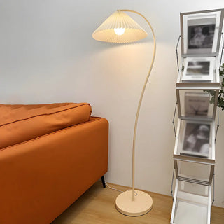 White Minimalist Curved Floor Lamp with Pleated Shade Zawala Image - 9