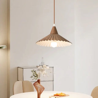 ZOWALA - Nordic Pleated Cone Wood Color Pendant Light Dining Room Image - 2