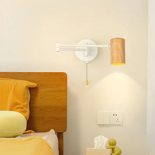 Nordic Swing Arm Pull Chain Bedroom Wood Wall Light Image - 1
