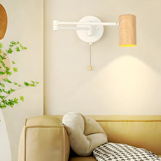 Nordic Swing Arm Pull Chain Bedroom Wood Wall Light Image - 11