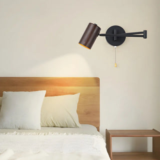 Nordic Swing Arm Pull Chain Bedroom Wood Wall Light Image - 12