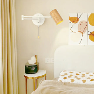 Nordic Swing Arm Pull Chain Bedroom Wood Wall Light Image - 13
