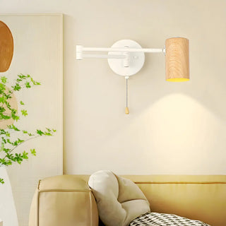 Nordic Swing Arm Pull Chain Bedroom Wood Wall Light Image - 2