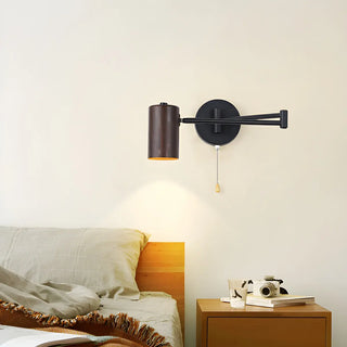 Nordic Swing Arm Pull Chain Bedroom Wood Wall Light Image - 4