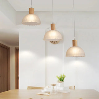 Nordic Wooden White Glass Bell Round Pendant Light Zawala Image - 2