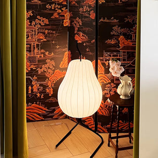 White Pear-Shaped Fabric and Curved Stand Floor Lamp Zawala Image - 9