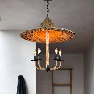 ZOWALA - Bohemian Dining Room Rattan Woven Hat Candle Chandelier Image - 2