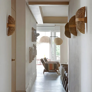 Coastal Roll Wood Rattan Porch Hallway Wall Sconce Zawala Image - 12