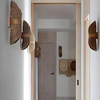 Coastal Roll Wood Rattan Porch Hallway Wall Sconce Zawala Image - 6