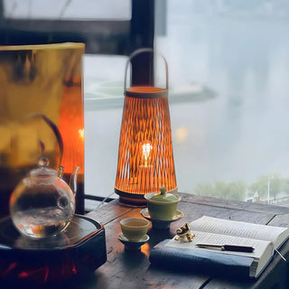 Creative Hand-Woven Bamboo Cage Shade Wooden Table Lamp Zawala Image - 2